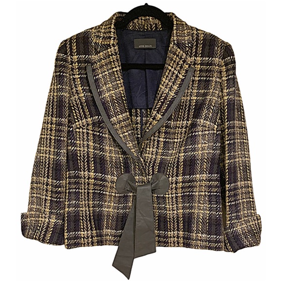 Anne Belin Blazer Vintage retro plaid tweed & leather blazer Bow Tie Size 12 - Picture 3 of 8